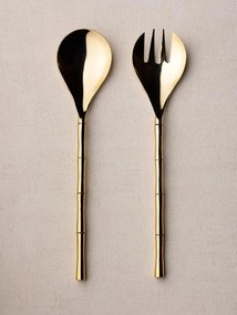 Set 2 ustensile servire salata, din otel, cu manere din alama, Bamboo