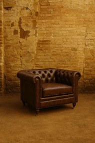 Fotoliu vintage din piele naturală maro închis, „Chesterfield"