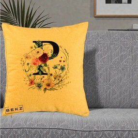 Cadou Personalizat - Perna Personalizata Monogram Litera P cu Flori Acuarela, 40x40 cm, Galben, Husa Detasabila, Perna Inclusa, BEKZ®