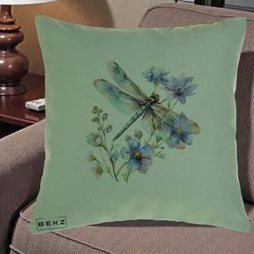 Perna Decorativa Libelula Acuarela Flori Albastre, 40x40 cm, Verde, Husa Detasabila, Perna Inclusa, BEKZ®