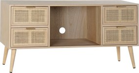 Comodă TV living din lemn, natur, cu 4 sertare cu ratan împletit, nișă deschisă și picioare conice, 60 x 120 x 42 cm, „Sully”