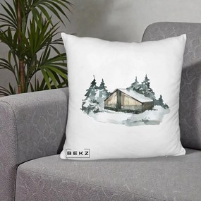 Perna Decorativa Cabana de Iarna in Padure, 40x40 cm, Alb Pufos, Husa Detasabila, Perna Inclusa, BEKZ®