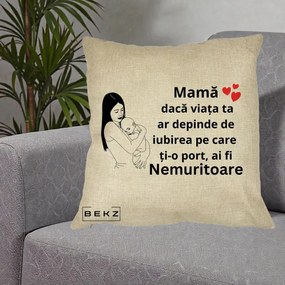 Cadou pentru Mama - Perna Personalizata Mama Nemuritoare Linie, 40x40 cm, Crem, Husa Detasabila, Perna Inclusa, BEKZ®