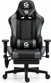 Scaun gaming, Masaj in 7 puncte, Boxe Bluetooth, funcție șezlong, 90-180 grade, suport picioare, sezut benzi elastice sustinere suplimentara, PU, Negru/Gri