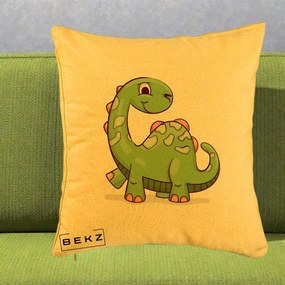 Perna Decorativa Brontosaur Verde Simpatic, 40x40 cm, Galben, Husa Detasabila, Perna Inclusa, BEKZ®