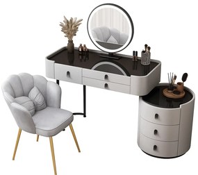 Set Lucia, Masă de toaletă pentru machiaj cu oglindă iluminată LED, control touch, 6 sertare, comoda, scaun, Gri
