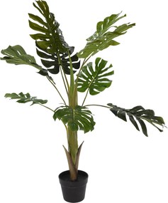 Planta artificiala Monstera Palmier, Azay Design, cu frunze mari verzi, in ghiveci negru, pentru interior, inaltime 110 cm