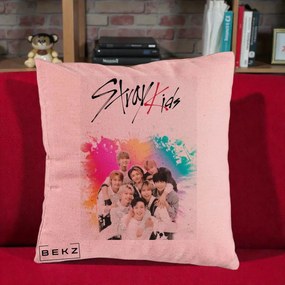 Perna Personalizata K-pop Stray Kids cu Splash Multicolor, 40x40 cm, Roz, Husa Detasabila, Perna Inclusa, BEKZ®