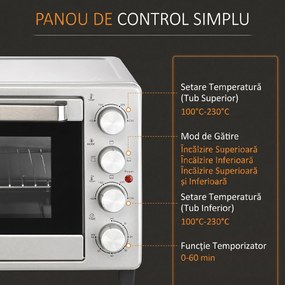 HOMCOM Mini Cuptor Electric 32L – Temperatură Reglabilă, Cronometru, 3 Moduri de Gătit | Aosom Romania