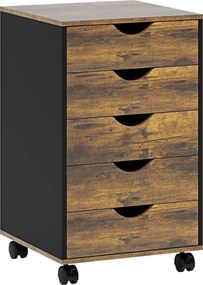 HOMCOM Comodă de Birou cu 5 Sertare și Roți Pivotante cu Frâne, 40x40x67 cm, Maro Rustic | Aosom Romania