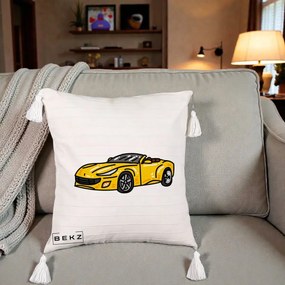 Perna Personalizata Masina Cabriolet Galbena Grafic, 40x40 cm, Bej cu Franjuri, Husa Detasabila, Perna Inclusa, BEKZ®