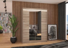 Dulap cu usi glisante si oglinda + iluminare LED, Iness 150 + LED, 150 cmx200 cmx58 cm, ADRK Furniture (Culoare: Trufă)