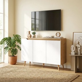 HOMCOM Bufet Bucătărie, Mobilier Bucătărie cu 3 Uși, Rafturi Ajustabile și 5 Picioare din Lemn de Cauciuc, Stil Modern, Bufet pentru Living, Sufragerie, Sală de Masă, Alb și Stejar | Aosom Romania