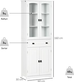 HOMCOM Bufet de Bucătărie cu 2 Dulapuri și Sertar, Mobilier de Bucătărie cu Uși și Rafturi Reglabile, 60x30x160 cm, Alb | Aosom Romania