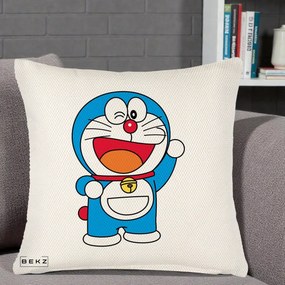 Perna Personalizata Doraemon Salutand, 40x40 cm, Crem Reliefat, Husa Detasabila, Perna Inclusa, BEKZ®