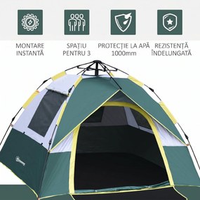 Outsunny Cort pentru Camping pentru 2 Persoane, Cort pentru Exterior Automatic Pop Up cu Copertina, Buzunare Interioare si Covoras, 205x195x135cm