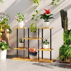Outsunny Suport plante interior etajeră plantă cu 6 nivele cadru din oțel bază lemn masiv 80 x 24 x 61,5 cm lemn natural | Aosom Romania