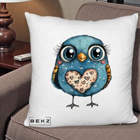 Perna Decorativa Bufnita Albastra cu Inimioare, 40x40 cm, Alb Pufos, Husa Detasabila, Perna Inclusa, BEKZ®