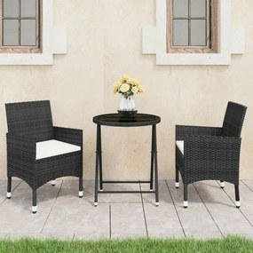 3058378 vidaXL Set mobilier bistro grădină 3 piese, negru, poliratan și sticlă