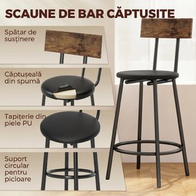 HOMCOM Set Masă de Bar cu 2 Scaune Înalte, Spătar, Suport pentru Picioare, MDF, Metal, 100x40x90,5 cm, Maro Rustic | Aosom Romania