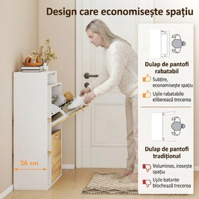 HOMCOM Dulap Slim pentru Pantofi cu 2 Sertare Rabatabile, Dulap Intrare cu Rafturi Reglabile, 3 Rafturi Deschise, Spațiu pentru 8 Perechi de Pantofi, Alb și Lemn Natural, 80x26x90 cm | Aosom Romania
