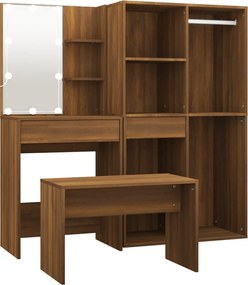 vidaXL Set de masă de toaletă cu LED, stejar maro, lemn prelucrat