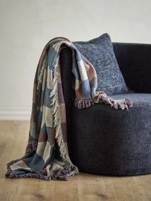 Pătură din bumbac reciclat, multicolor, cu model în carouri mari și franjuri multicolore, 160x130 cm, „True"