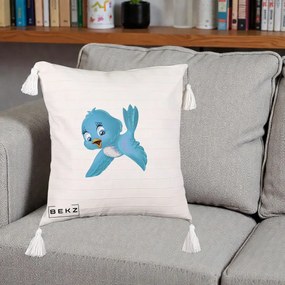Perna Decorativa Pui de Pasare Albastru, 40x40 cm, Bej cu Franjuri, Husa Detasabila, Perna Inclusa, BEKZ®