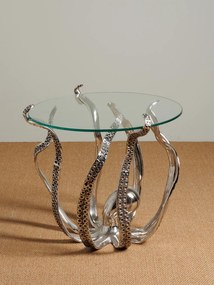 Măsuță laterală sculptată rotundă din aluminiu și sticlă, argintiu, cu bază în formă de caracatiță, 53 x 53 cm, „Octopus”