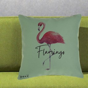 Perna Decorativa Flamingo Acuarela, 40x40 cm, Verde, Husa Detasabila, Perna Inclusa, BEKZ®
