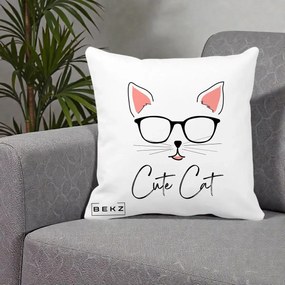 Perna Personalizata Cute Cat cu Ochelari, 40x40 cm, Alba Mata, Husa Detasabila, Perna Inclusa, BEKZ®