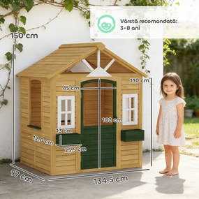 AIYAPLAY Căsuță de Grădină pentru Copii din Lemn de Molid, Căsuță de Exterior cu 3 Ferestre, 2 Jardiniere, Ușă și Acoperiș, pentru Copii 3-8 Ani, Interior și Exterior, 134.5x97x150 cm, Maro | Aosom Romania