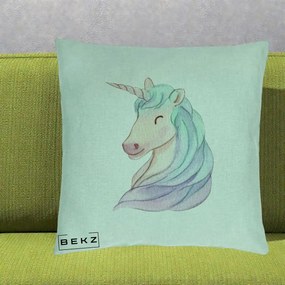 Perna Decorativa Unicorn Acuarela Pastel, 40x40 cm, Verde Menta, Husa Detasabila, Perna Inclusa, BEKZ®