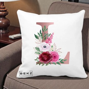 Cadou Personalizat - Perna Personalizata Monograma Rose Gold Litera L, 40x40 cm, Alba Mata, Husa Detasabila, Perna Inclusa, BEKZ®