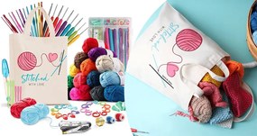 Trusa de crosetat cu fire colorate si accesorii, in geanta de umar