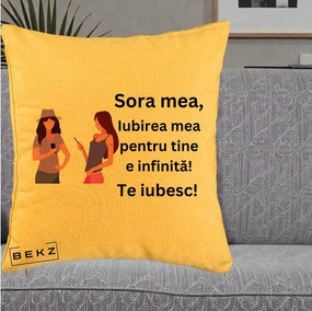 Cadou pentru Sora - Perna Personalizata Sora Mea Te Iubesc Doua Fete cu Telefoane, 40x40 cm, Galben, Husa Detasabila, Perna Inclusa, BEKZ®