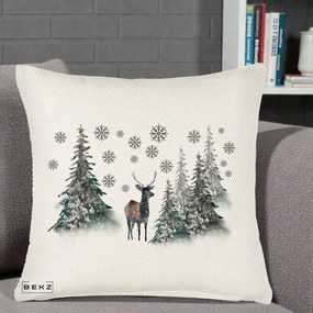 Perna Decorativa Ren in Padure Inzapezita, 40x40 cm, Crem Reliefat, Husa Detasabila, Perna Inclusa, BEKZ®