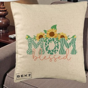 Cadou pentru Mama - Perna Personalizata Mom Blessed cu Floarea Soarelui Animal Print Teal, 40x40 cm, Bej, Husa Detasabila, Perna Inclusa, BEKZ®