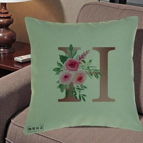 Cadou Personalizat - Perna Personalizata Monograma Rose Gold Litera H, 40x40 cm, Verde, Husa Detasabila, Perna Inclusa, BEKZ®