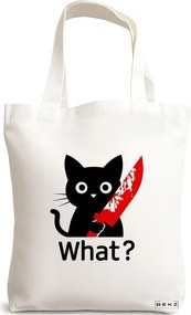 Sacosa de Panza pentru Cumparaturi, Geanta Tote, model Funny Black Cat, 38x34.5 cm, Alba, BEKZ®
