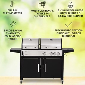 Kingsville 3.1, grătar combinat pe gaz și cărbuni, 10,9 kW, 3+1 arzătoare, înălțime reglabilă