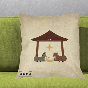 Perna Decorativa Ieslea din Betleem cu Iesle Asin si Bou, 40x40 cm, Crem, Husa Detasabila, Perna Inclusa, BEKZ®