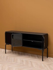 Consolă hol în stil eclectic, din metal și sticlă, negru, cu 4 uși din sticlă fumurie și mânere aurii, 82 x 138 x 38 cm, „Ashbury”