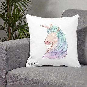 Perna Decorativa Unicorn Acuarela Pastel, 40x40 cm, Alba Mata, Husa Detasabila, Perna Inclusa, BEKZ®