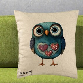 Perna Decorativa Bufnita Teal cu Doua Inimi, 40x40 cm, Bej, Husa Detasabila, Perna Inclusa, BEKZ®