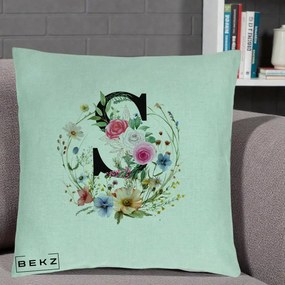 Cadou Personalizat - Perna Personalizata Monogram Litera S cu Flori Acuarela, 40x40 cm, Verde Menta, Husa Detasabila, Perna Inclusa, BEKZ®