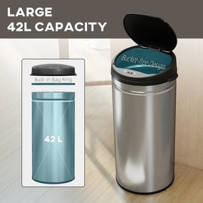 Coș de gunoi HOMCOM de 42L cu Senzor de Mișcare și Deschidere Automată, din Oțel Inoxidabil și ABS, 30.5x30.5x68 cm, Negru și Argintiu | Aosom Romania