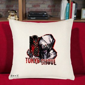 Perna Personalizata Tokyo Ghoul Ken Kaneki Anime, 40x40 cm, Crem Reliefat, Husa Detasabila, Perna Inclusa, BEKZ®