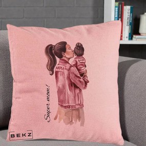 Cadou pentru Mama - Perna Personalizata Super Mom Jachete Roz, 40x40 cm, Roz, Husa Detasabila, Perna Inclusa, BEKZ®