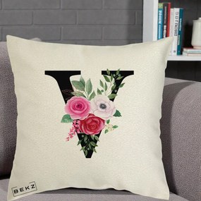 Cadou Personalizat - Perna Personalizata Monograma Florala Litera V cu Buchet, 40x40 cm, Ecru, Husa Detasabila, Perna Inclusa, BEKZ®